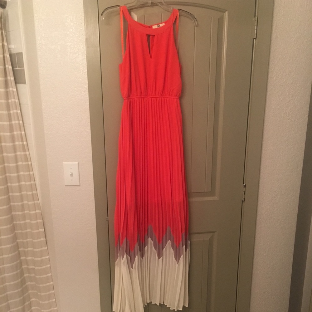 Coral, Cream, and Grey Pleated Maxi Dress
